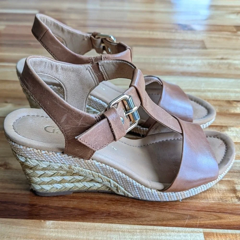 Gabor Comfort Tan Brown Leather T-Strap Espadrille Wedge Sandals US 9 (UK 7)